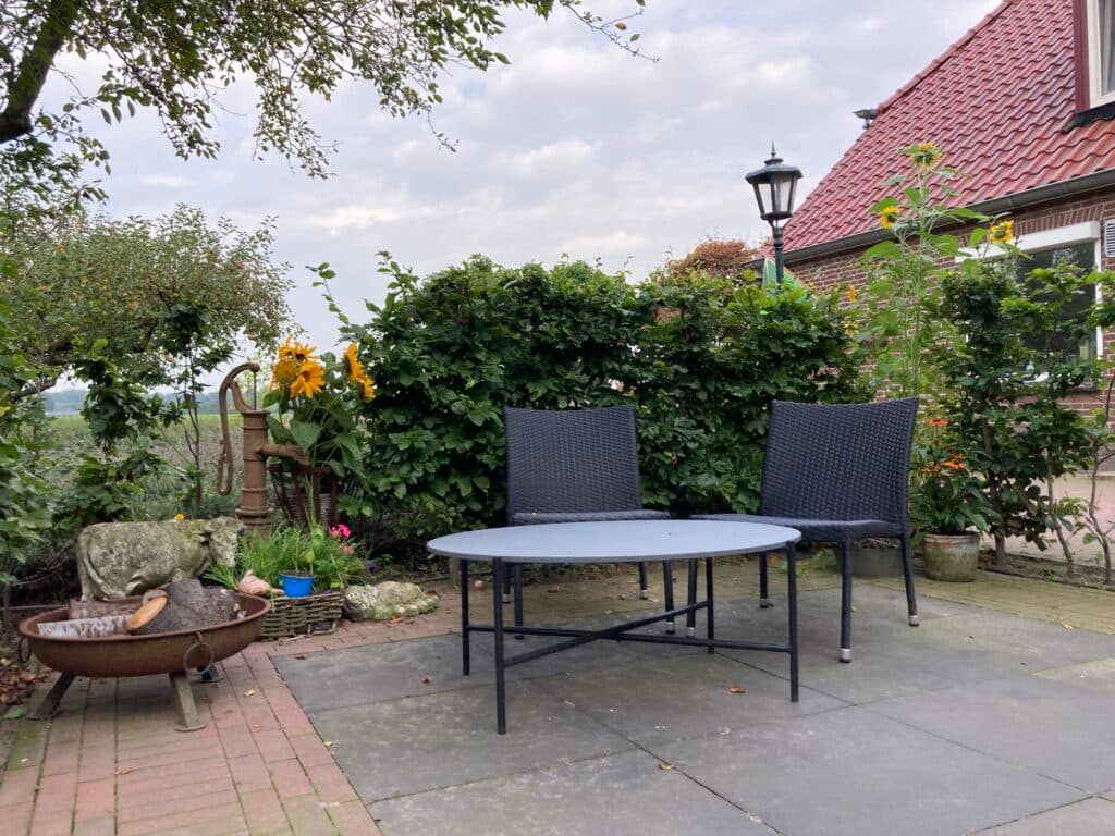 Outdoor terrace with fire pit, garden furniture and sunflowers